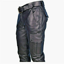 Cargar imagen en el visor de la galería, Men's Black Genuine Leather Cargo Pants Trouser