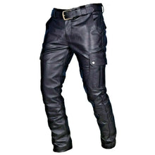 Cargar imagen en el visor de la galería, Men's Black Genuine Leather Cargo Pants Trouser