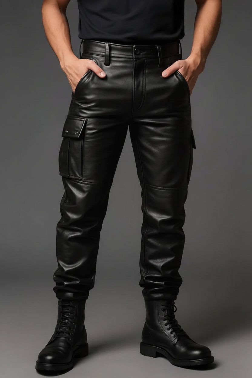 Men's Black Leather Cargo Pants