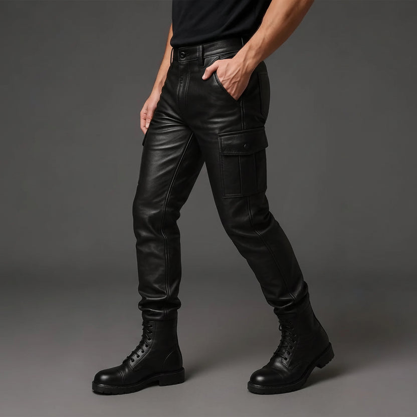 Men's Black Leather Cargo Pants