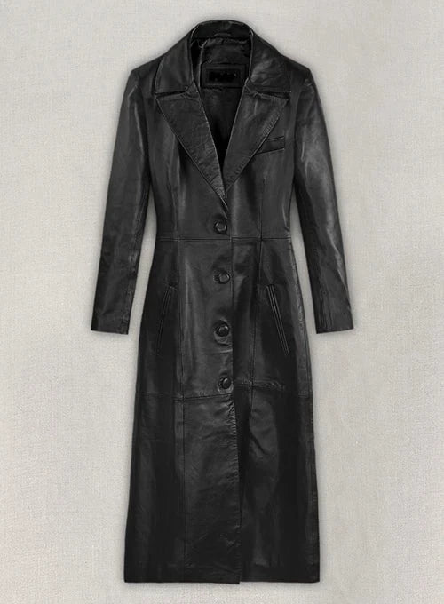 Women's Black Leather Long Coat Trench