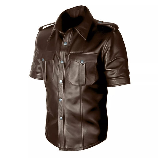 Men's Dark Brown Real Leather Short Sleeve Shirt