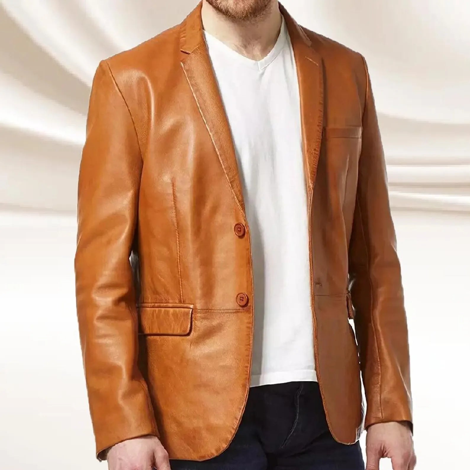 Men's Tan Genuine Lamb Leather Blazer Jacket