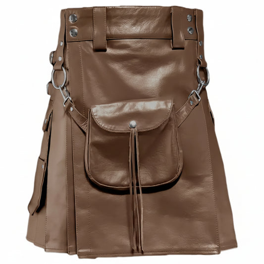 Men's Brown Leather Kilt with Sporran