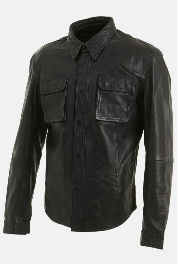 Men's Black Genuine Leather Long Sleeve Shirt Jacket