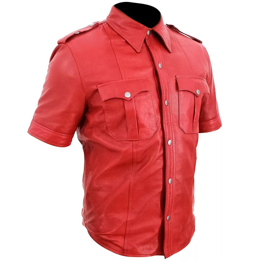 Men's Red Real Leather Short Sleeve Shirt