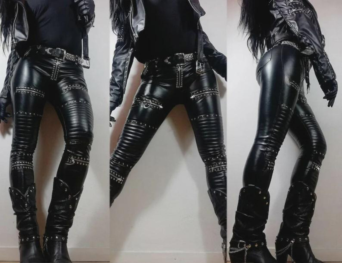 Women's Skinny Leather Jeans Studded Rock