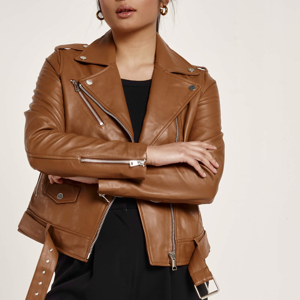 Women's Tan Leather Biker Jacket