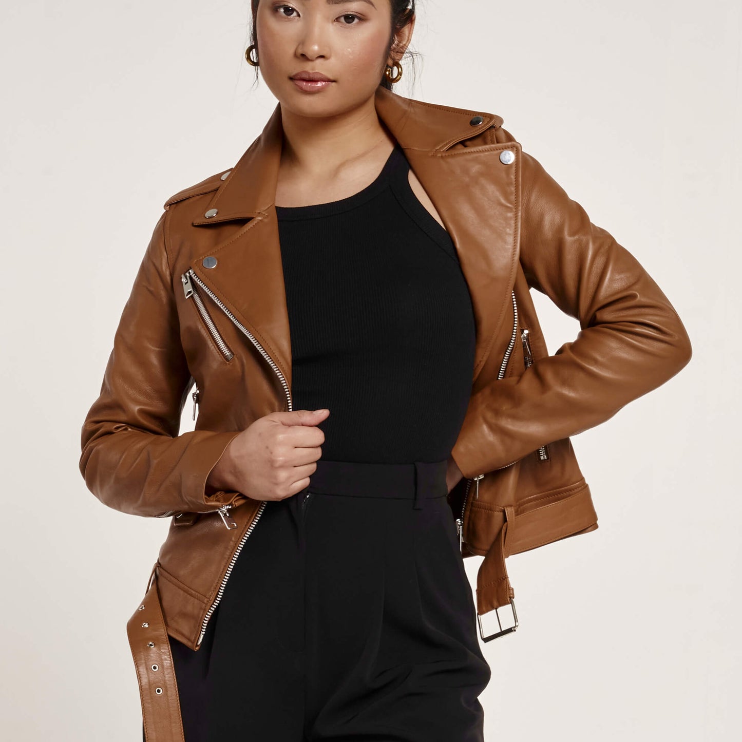 Women's Tan Leather Biker Jacket
