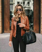 Laden Sie das Bild in den Galerie-Viewer, Damen Tan echte Lederjacke
