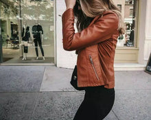 Laden Sie das Bild in den Galerie-Viewer, Damen Tan echte Lederjacke