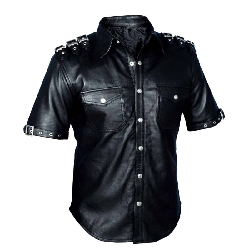 Kurzärmliges Herrenhemd aus schwarzem Echtleder im Polizei-/Militärstil