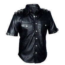 Load image into Gallery viewer, Men's Black Real Leather Police/Military style Short Sleeve Shirt