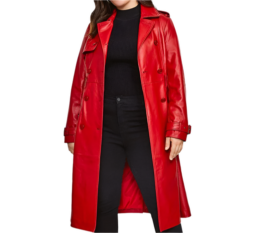 Women's Red Leather Trench Coat