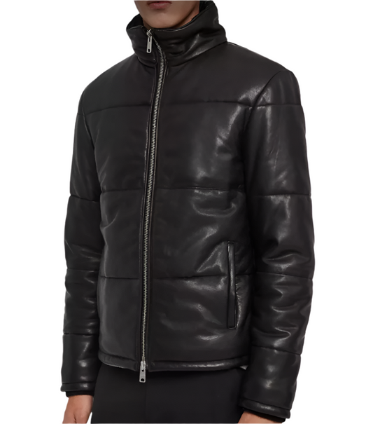 Men Leather Puffer Jacket
