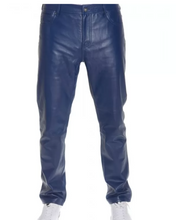 Cargar imagen en el visor de la galería, Men's Blue Genuine Leather slim fit jeans pants
