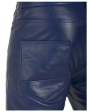Cargar imagen en el visor de la galería, Men's Blue Genuine Leather slim fit jeans pants