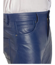 Cargar imagen en el visor de la galería, Men's Blue Genuine Leather slim fit jeans pants