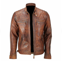 Cargar imagen en el visor de la galería, Men's Brown Racer Neck Leather Jacket
