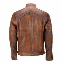 Cargar imagen en el visor de la galería, Men's Brown Racer Neck Leather Jacket