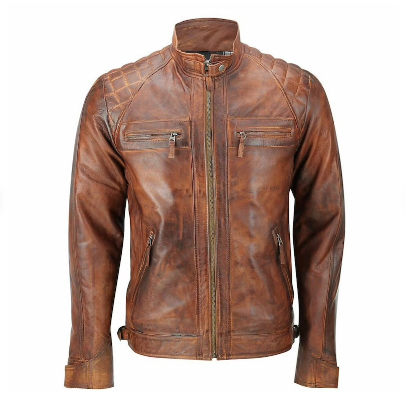 Braune Lederjacke mit Racer-Neck für Herren