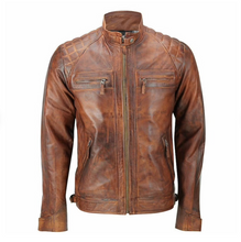 Cargar imagen en el visor de la galería, Men's Brown Racer Neck Leather Jacket