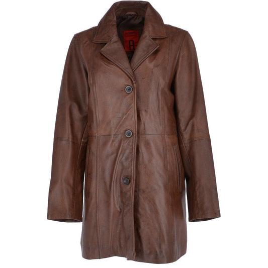 Womens Genuine Leather Single Breasted 3/4 Length Coat