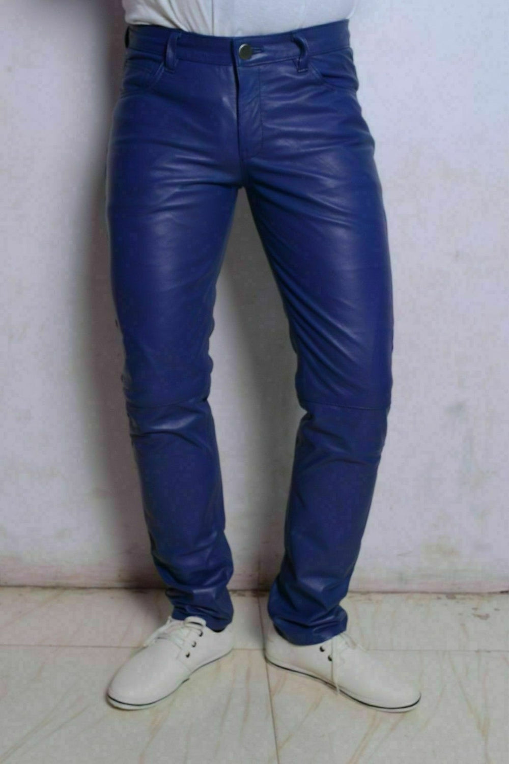 Men's Blue Genuine Leather Slim Fit Jeans Pants