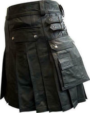 Last inn bildet i Galleri-visningsprogrammet, Men's Black Leather Utility Kilt Twin CARGO Pockets Pleated with Twin Buckles