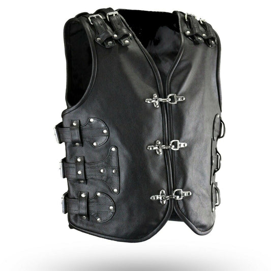 Gilet de motard sans manches en cuir véritable noir pour homme
