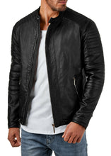 Load image into Gallery viewer, Men's Black Genuine Leather Padded Biker Jacket