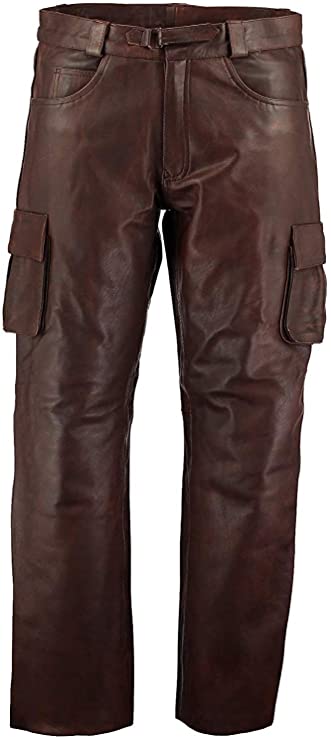 Men's Genuine Leather Cargo Combat Pants Biker