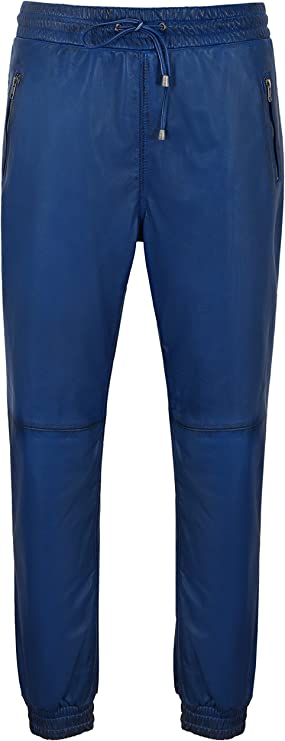 Men's Blue Leather Joggers Pants