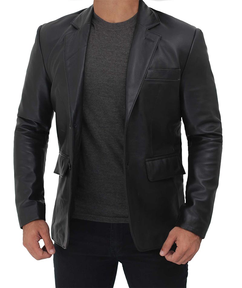 Men's Black Genuine Leather Blazer Jacket