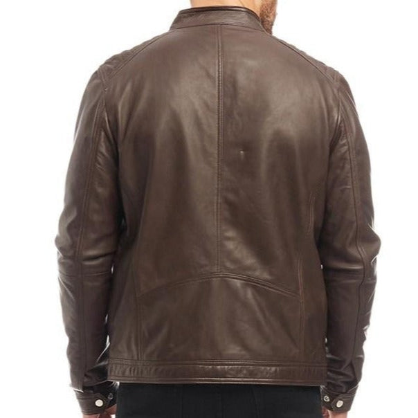 Men's Brown Sheep Leather Racer Neck Jacket