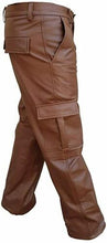 Cargar imagen en el visor de la galería, Men's Brown Genuine Leather Cargo Pants Biker Trouser