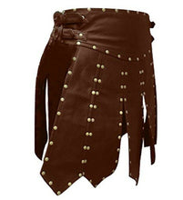 Cargar imagen en el visor de la galería, Men's Brown Genuine Leather Studded Gladiator Kilt Larp
