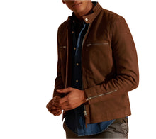 Cargar imagen en el visor de la galería, Men's Brown Racer Nubuck Leather Jacket