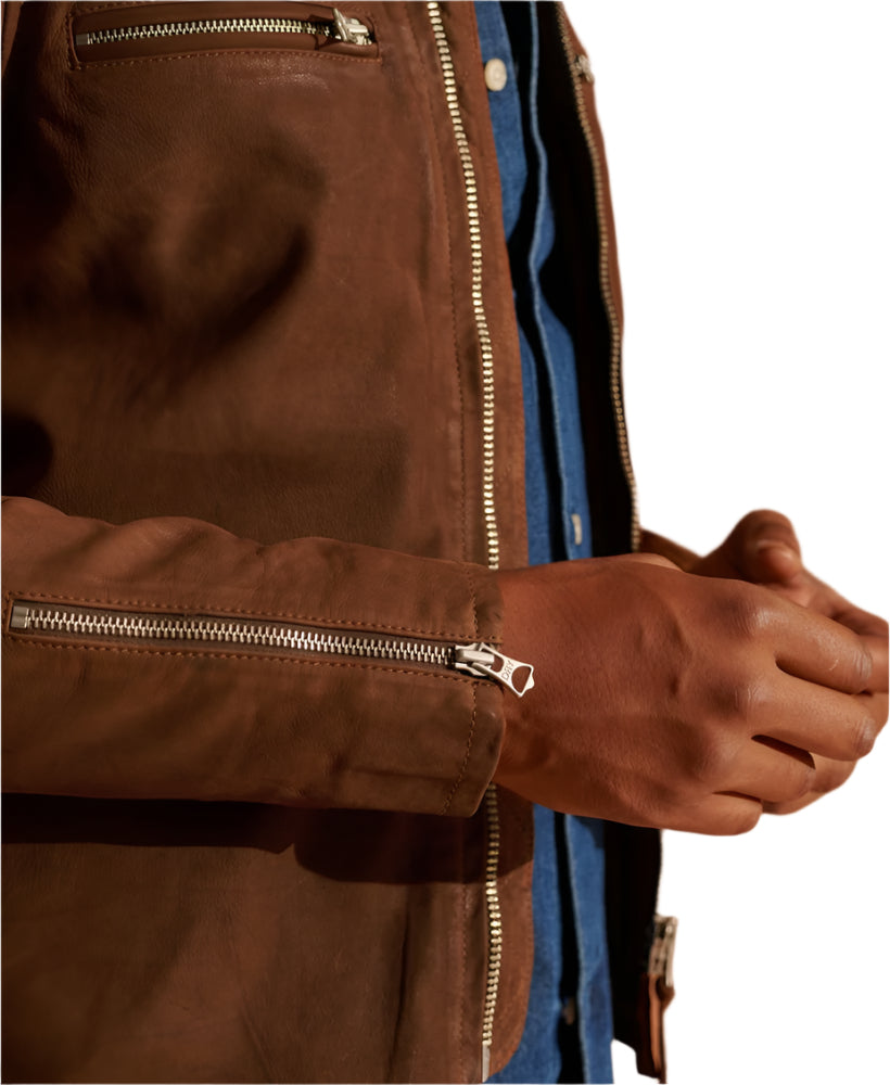 Men's Brown Racer Nubuck Leather Jacket