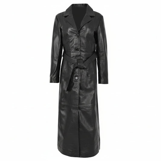 Women's Black Genuine Leather Long Coat Trench