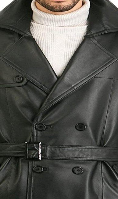Men's Black Genuine Leather Knee Length Coat Jacket