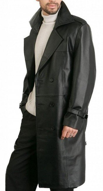 Men's Black Genuine Leather Knee Length Coat Jacket