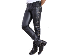 Cargar imagen en el visor de la galería, Men's Black Genuine Leather Buckled Jeans pants