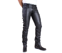 Cargar imagen en el visor de la galería, Men's Black Genuine Leather Buckled Jeans pants