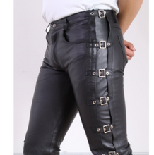 Cargar imagen en el visor de la galería, Men's Black Genuine Leather Buckled Jeans pants