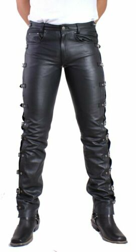 Men's Leather Buckled Jeans Pants