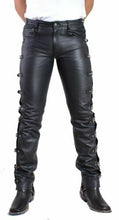 Cargar imagen en el visor de la galería, Men's Black Genuine Leather Buckled Jeans pants