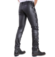 Cargar imagen en el visor de la galería, Men's Black Genuine Leather Buckled Jeans pants
