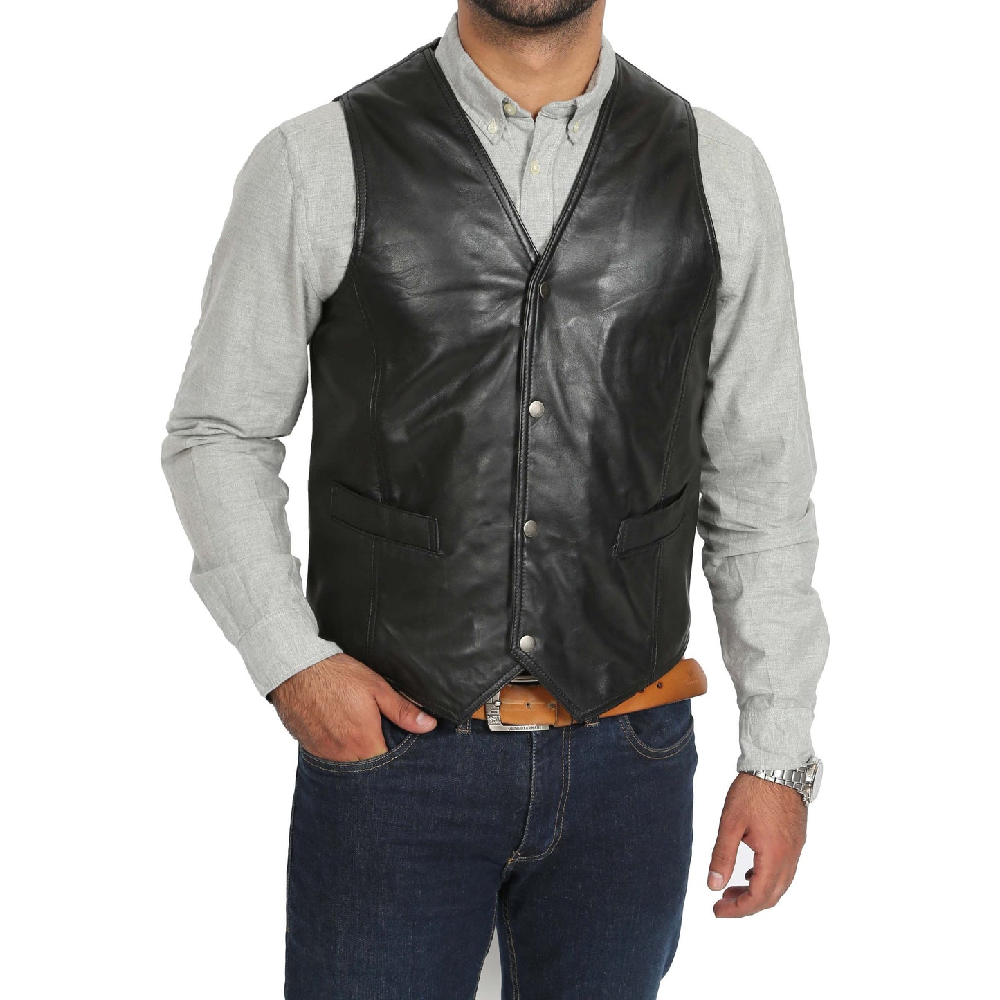 Men's Black Leather Waistcoat Vest