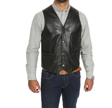 Lataa kuva Galleria-katseluun, Men's Black Leather Waistcoat Vest